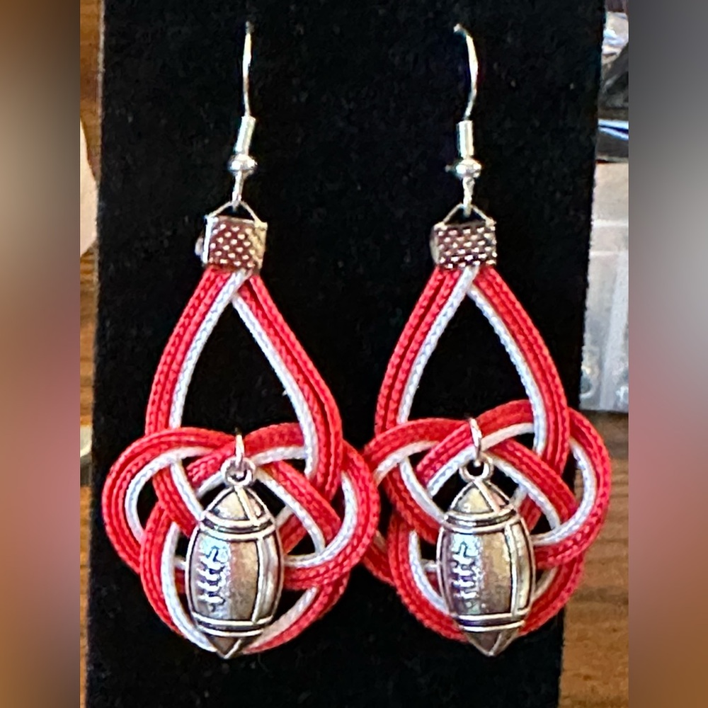 Handmade Football Earrings with Red and White Paracord